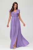 Cap Sleeves Chiffon Formal Evening Dress Floor Length Pleated Bridesmaid Dresses Gowns