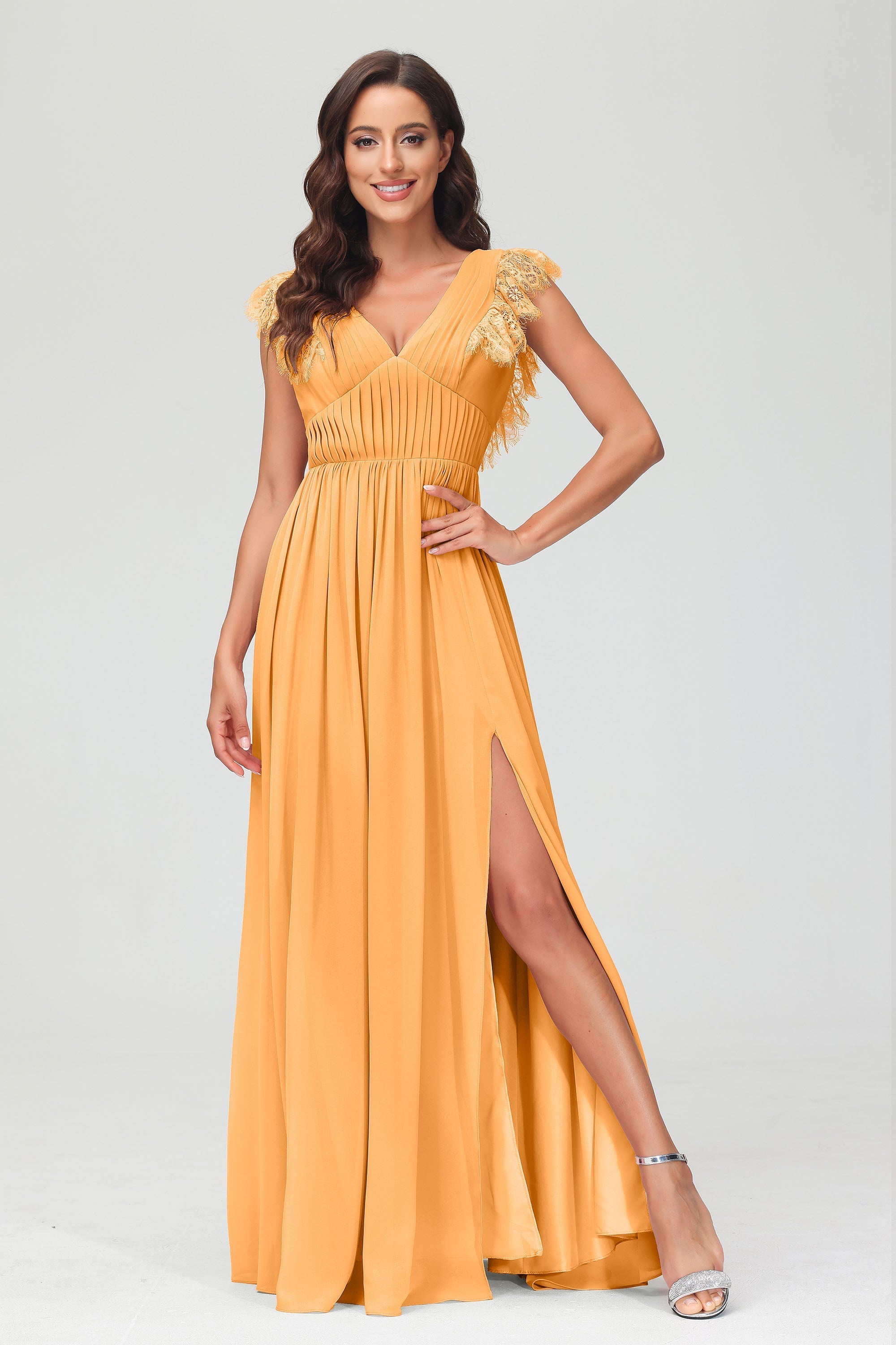 Cap Sleeves Chiffon Formal Evening Dress Floor Length Pleated Bridesmaid Dresses Gowns