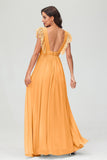 Cap Sleeves Chiffon Formal Evening Dress Floor Length Pleated Bridesmaid Dresses Gowns
