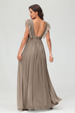 Cap Sleeves Chiffon Formal Evening Dress Floor Length Pleated Bridesmaid Dresses Gowns