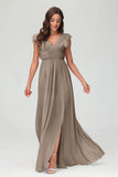 Cap Sleeves Chiffon Formal Evening Dress Floor Length Pleated Bridesmaid Dresses Gowns