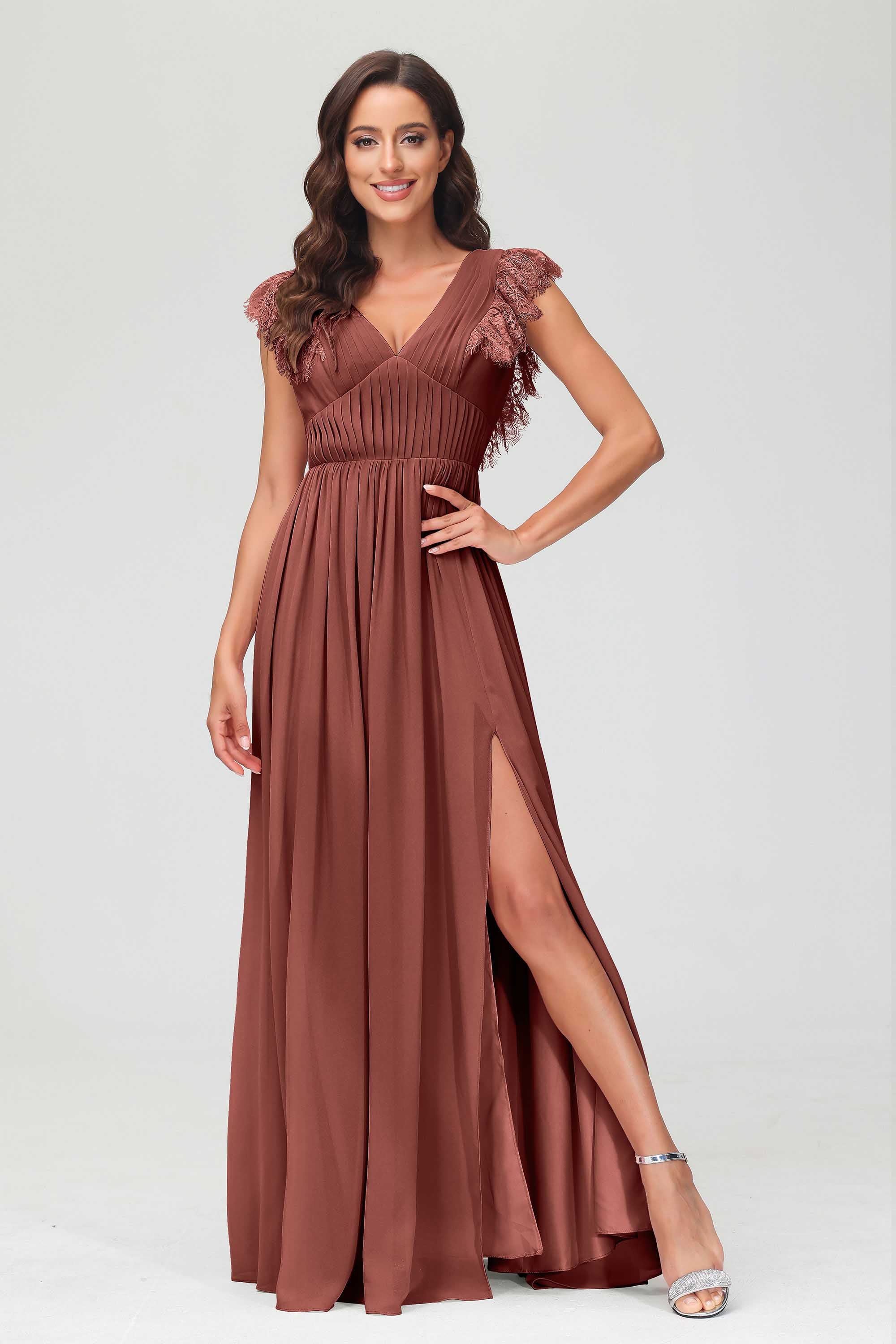 Cap Sleeves Chiffon Formal Evening Dress Floor Length Pleated Bridesmaid Dresses Gowns