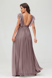 Cap Sleeves Chiffon Formal Evening Dress Floor Length Pleated Bridesmaid Dresses Gowns