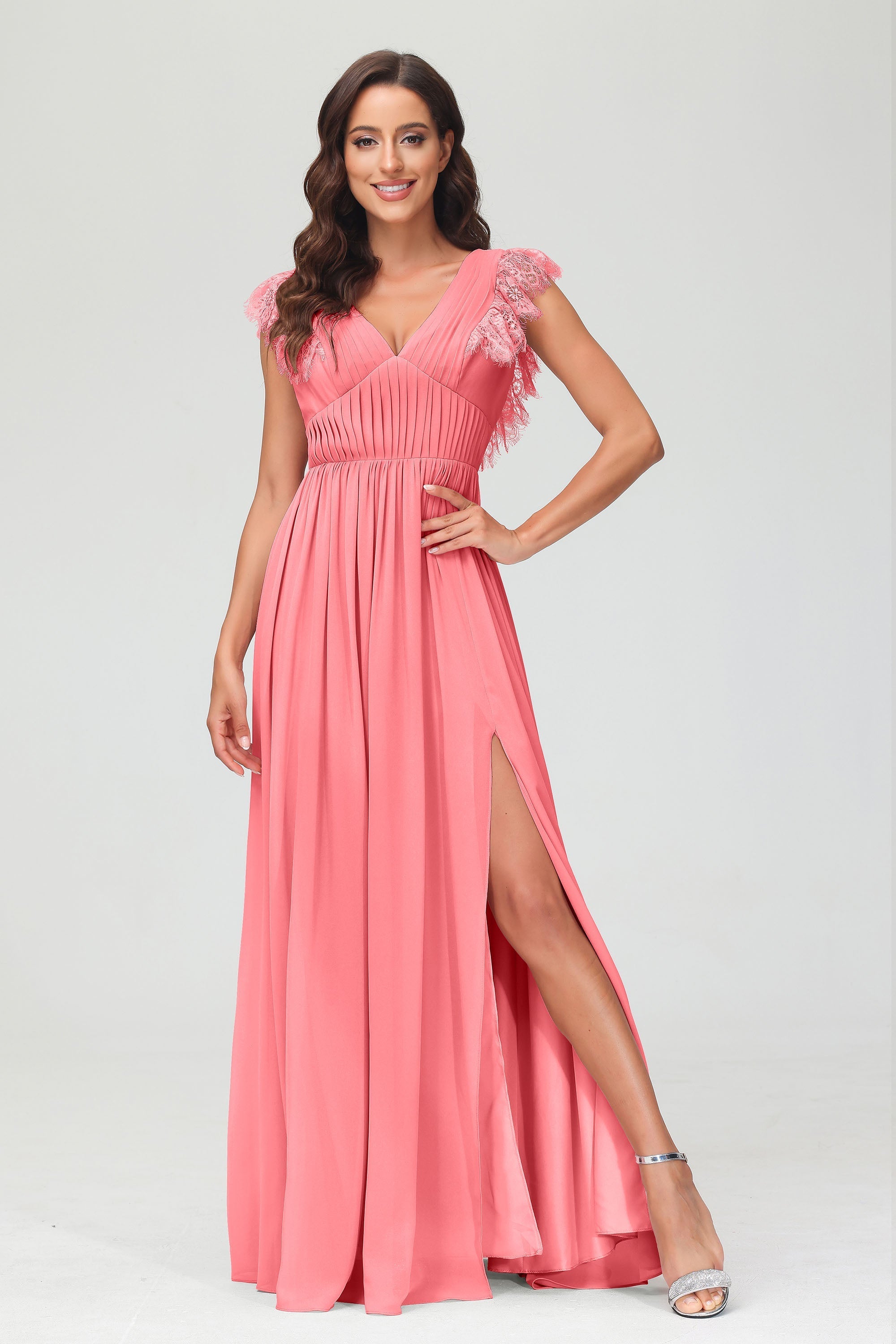 Cap Sleeves Chiffon Formal Evening Dress Floor Length Pleated Bridesmaid Dresses Gowns