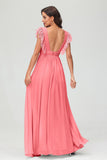 Cap Sleeves Chiffon Formal Evening Dress Floor Length Pleated Bridesmaid Dresses Gowns