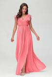 Cap Sleeves Chiffon Formal Evening Dress Floor Length Pleated Bridesmaid Dresses Gowns