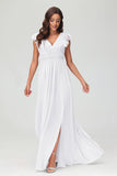 Cap Sleeves Chiffon Formal Evening Dress Floor Length Pleated Bridesmaid Dresses Gowns