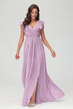 Cap Sleeves Chiffon Formal Evening Dress Floor Length Pleated Bridesmaid Dresses Gowns