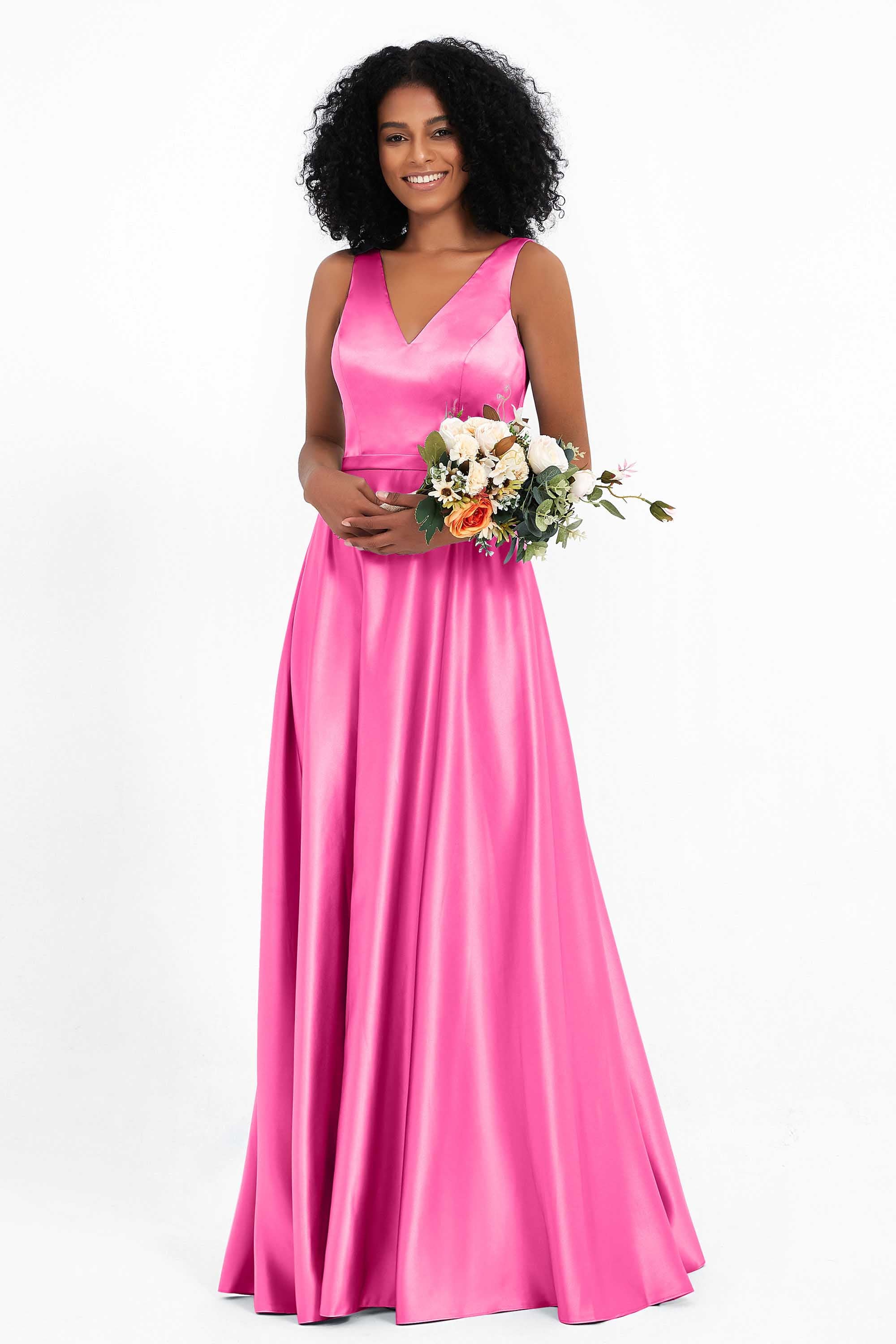 A Line Satin V Neckline Bridesmaid Dress Ruched Formal Evening Prom Dresses Gowns