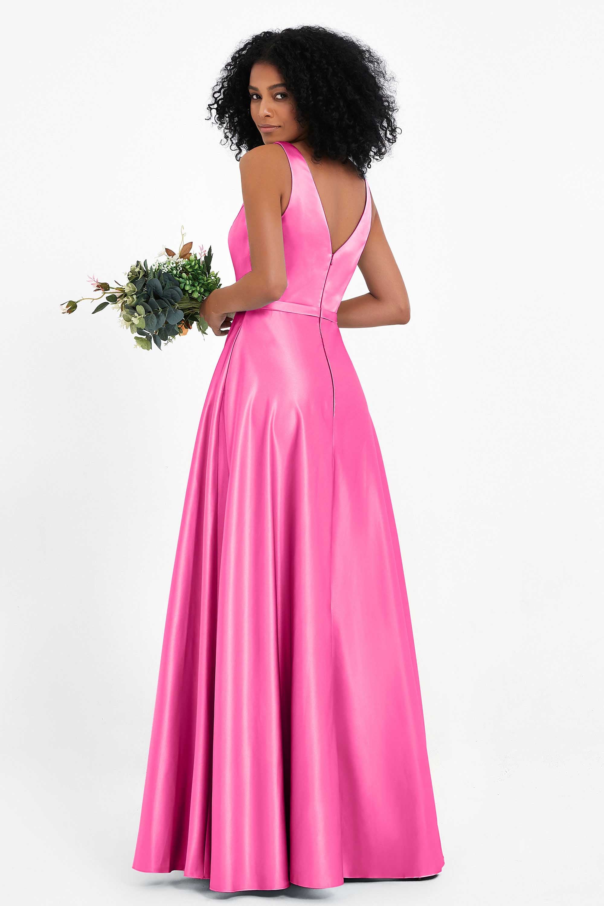 A Line Satin V Neckline Bridesmaid Dress Ruched Formal Evening Prom Dresses Gowns