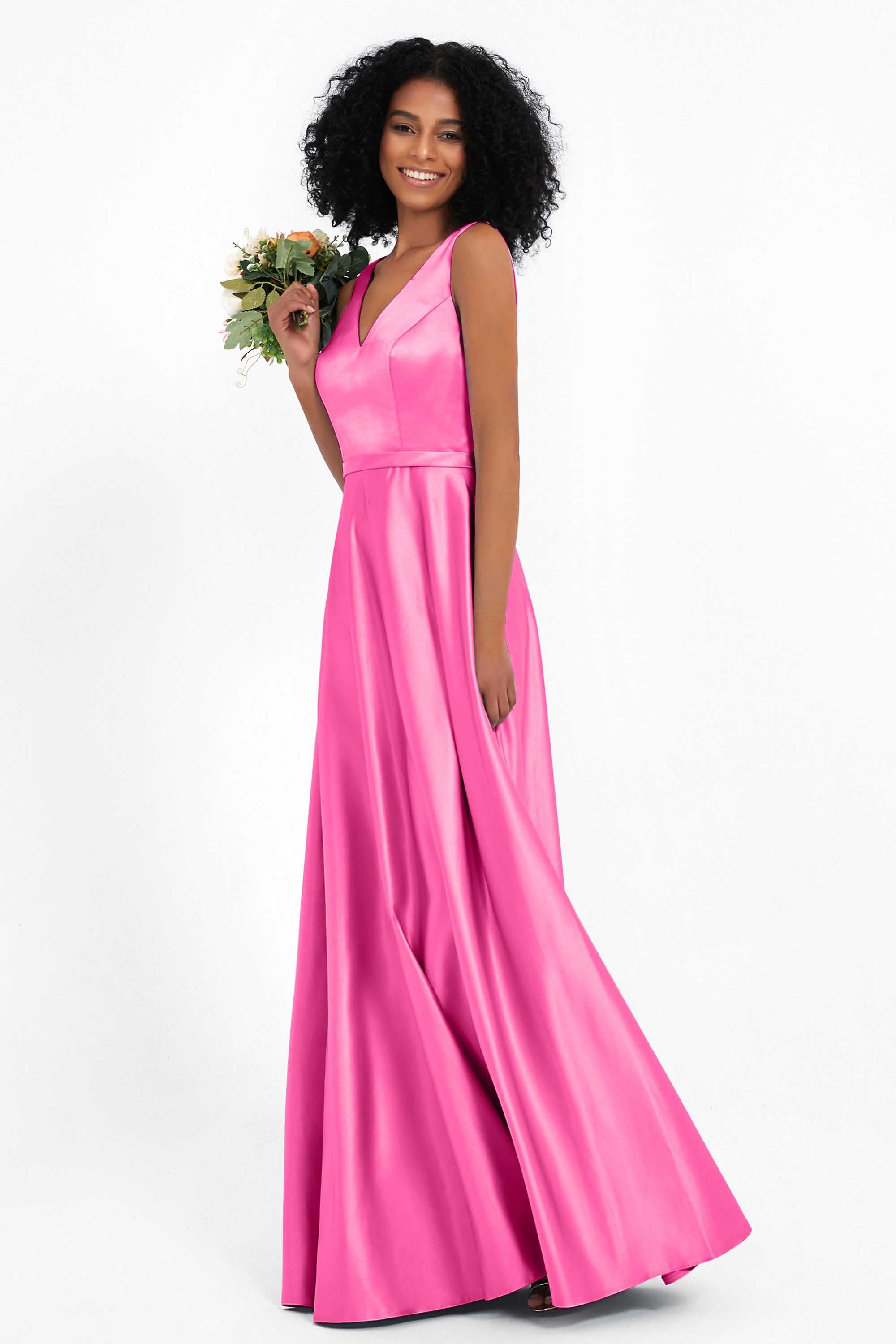 A Line Satin V Neckline Bridesmaid Dress Ruched Formal Evening Prom Dresses Gowns