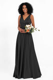 A Line Satin V Neckline Bridesmaid Dress Ruched Formal Evening Prom Dresses Gowns