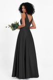 A Line Satin V Neckline Bridesmaid Dress Ruched Formal Evening Prom Dresses Gowns