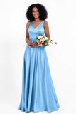 A Line Satin V Neckline Bridesmaid Dress Ruched Formal Evening Prom Dresses Gowns