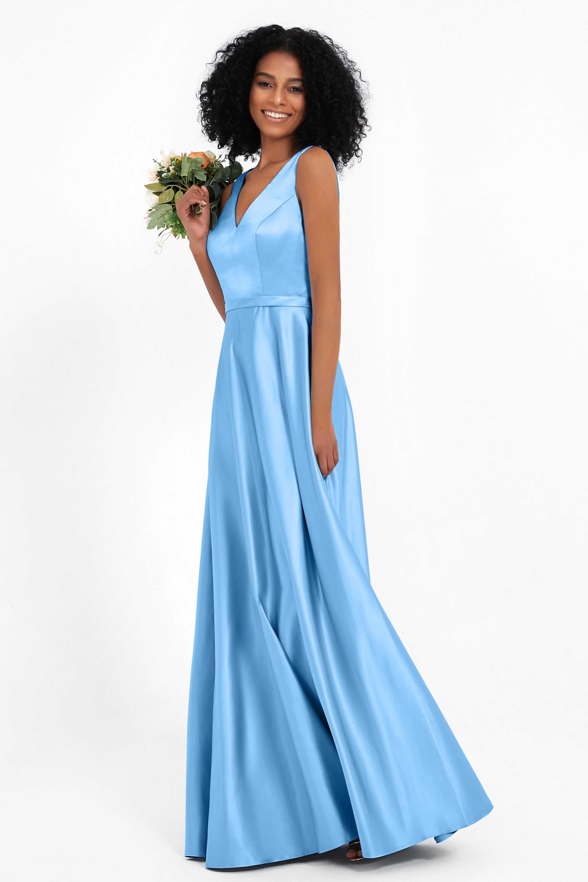 A Line Satin V Neckline Bridesmaid Dress Ruched Formal Evening Prom Dresses Gowns