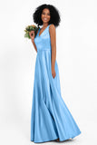 A Line Satin V Neckline Bridesmaid Dress Ruched Formal Evening Prom Dresses Gowns