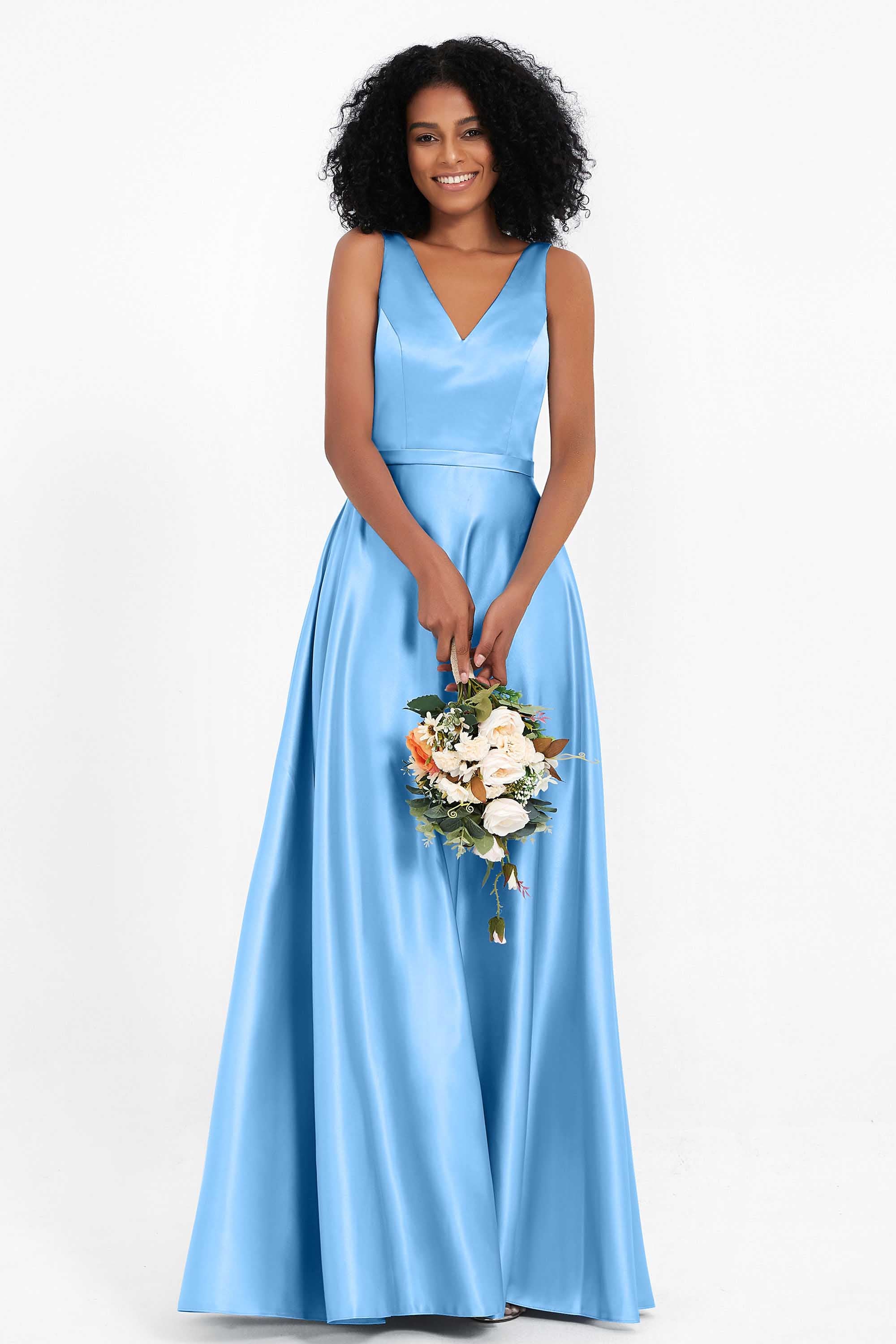 A Line Satin V Neckline Bridesmaid Dress Ruched Formal Evening Prom Dresses Gowns