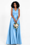 A Line Satin V Neckline Bridesmaid Dress Ruched Formal Evening Prom Dresses Gowns