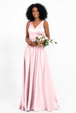 A Line Satin V Neckline Bridesmaid Dress Ruched Formal Evening Prom Dresses Gowns