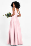 A Line Satin V Neckline Bridesmaid Dress Ruched Formal Evening Prom Dresses Gowns