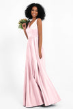 A Line Satin V Neckline Bridesmaid Dress Ruched Formal Evening Prom Dresses Gowns