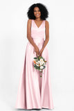 A Line Satin V Neckline Bridesmaid Dress Ruched Formal Evening Prom Dresses Gowns