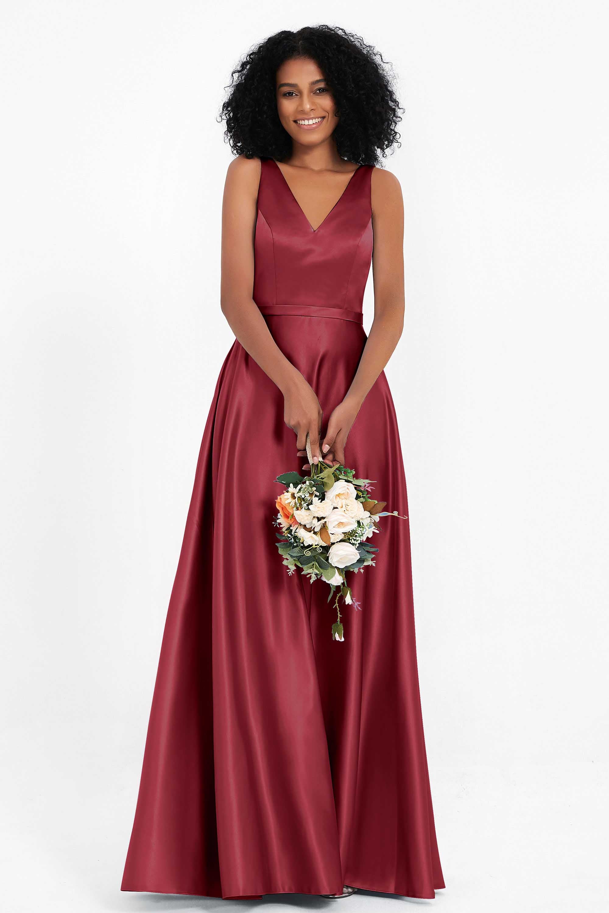 A Line Satin V Neckline Bridesmaid Dress Ruched Formal Evening Prom Dresses Gowns
