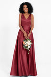 A Line Satin V Neckline Bridesmaid Dress Ruched Formal Evening Prom Dresses Gowns