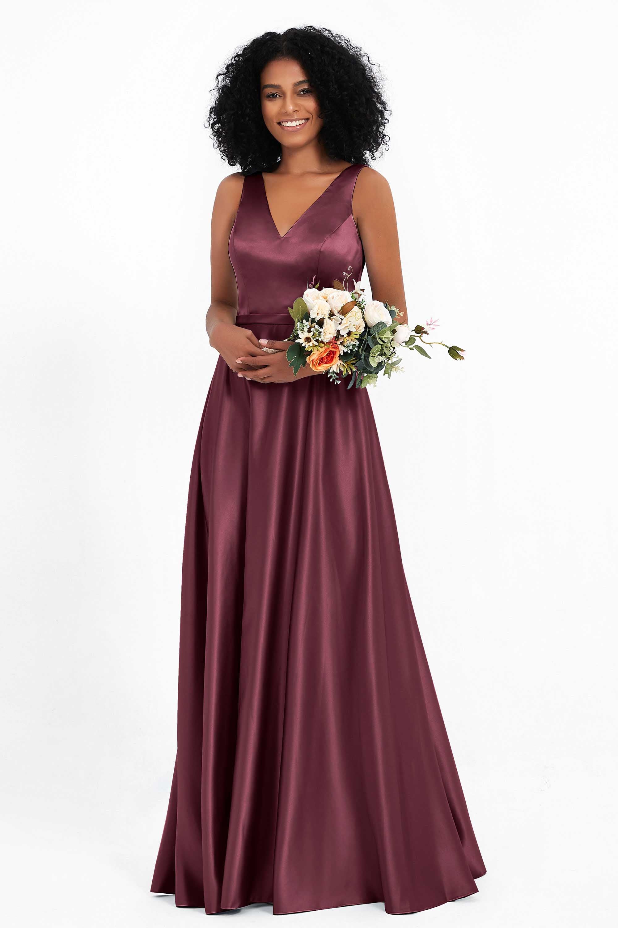 A Line Satin V Neckline Bridesmaid Dress Ruched Formal Evening Prom Dresses Gowns