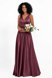 A Line Satin V Neckline Bridesmaid Dress Ruched Formal Evening Prom Dresses Gowns