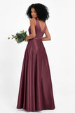 A Line Satin V Neckline Bridesmaid Dress Ruched Formal Evening Prom Dresses Gowns