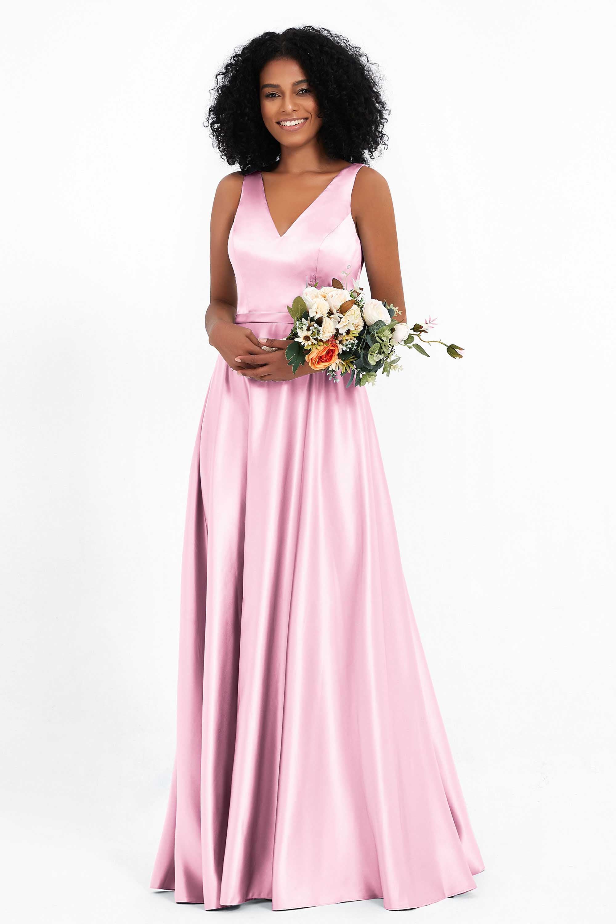 A Line Satin V Neckline Bridesmaid Dress Ruched Formal Evening Prom Dresses Gowns