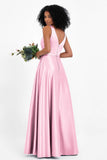 A Line Satin V Neckline Bridesmaid Dress Ruched Formal Evening Prom Dresses Gowns