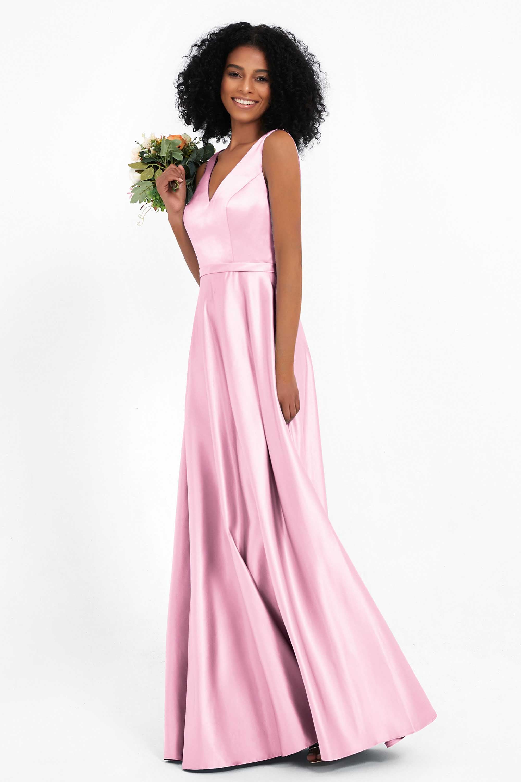 A Line Satin V Neckline Bridesmaid Dress Ruched Formal Evening Prom Dresses Gowns