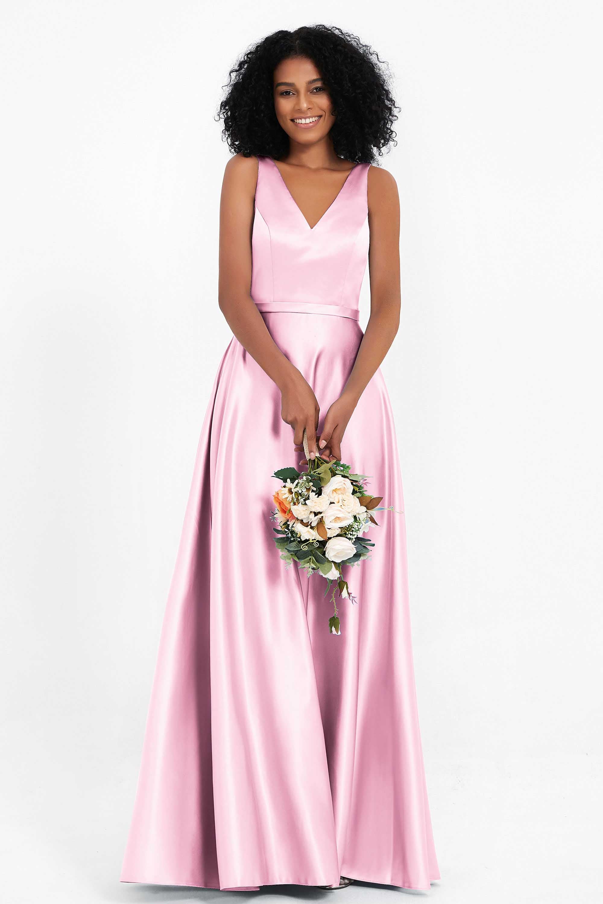 A Line Satin V Neckline Bridesmaid Dress Ruched Formal Evening Prom Dresses Gowns
