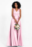 A Line Satin V Neckline Bridesmaid Dress Ruched Formal Evening Prom Dresses Gowns