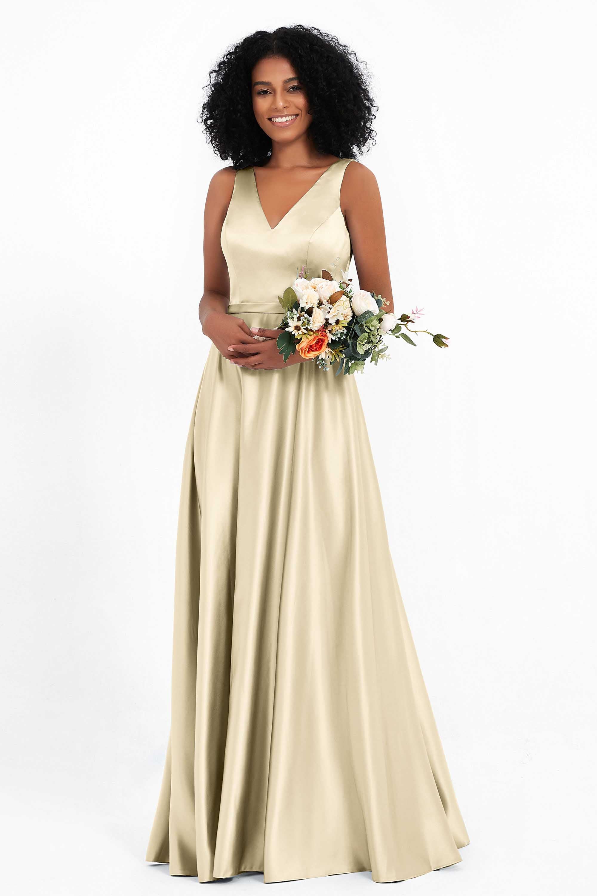 A Line Satin V Neckline Bridesmaid Dress Ruched Formal Evening Prom Dresses Gowns