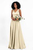 A Line Satin V Neckline Bridesmaid Dress Ruched Formal Evening Prom Dresses Gowns