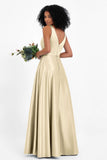 A Line Satin V Neckline Bridesmaid Dress Ruched Formal Evening Prom Dresses Gowns