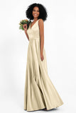 A Line Satin V Neckline Bridesmaid Dress Ruched Formal Evening Prom Dresses Gowns