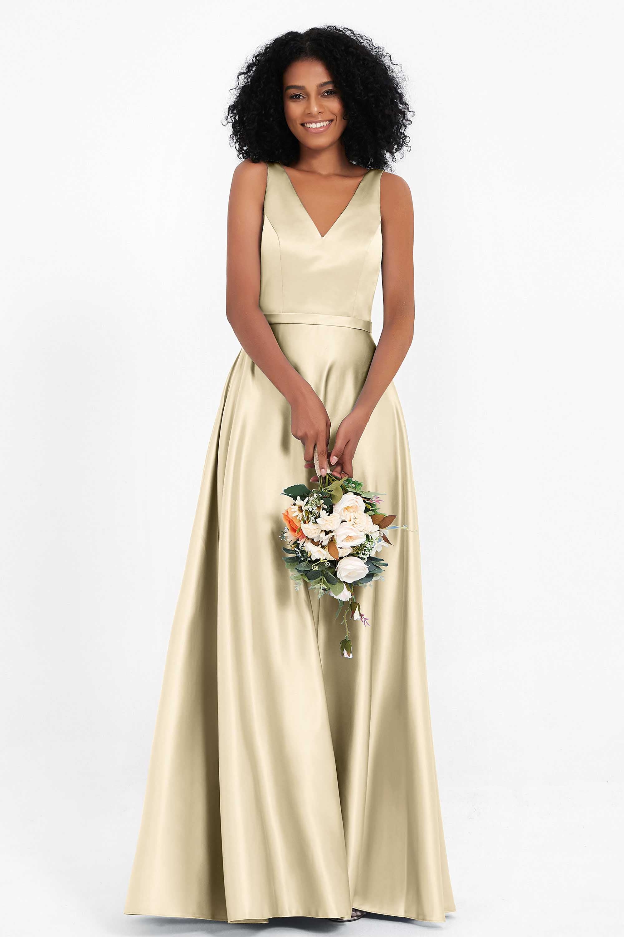 A Line Satin V Neckline Bridesmaid Dress Ruched Formal Evening Prom Dresses Gowns