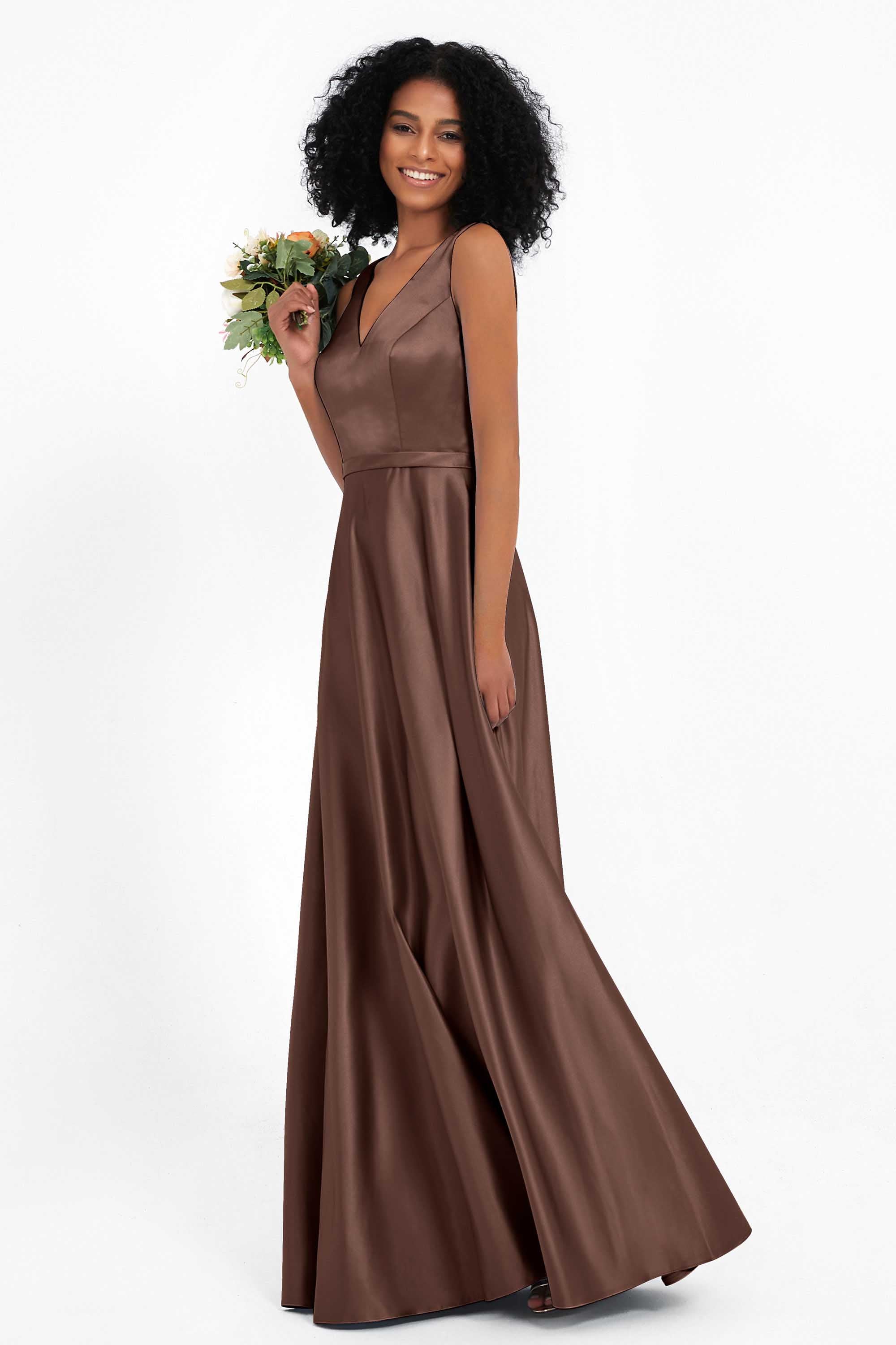 A Line Satin V Neckline Bridesmaid Dress Ruched Formal Evening Prom Dresses Gowns