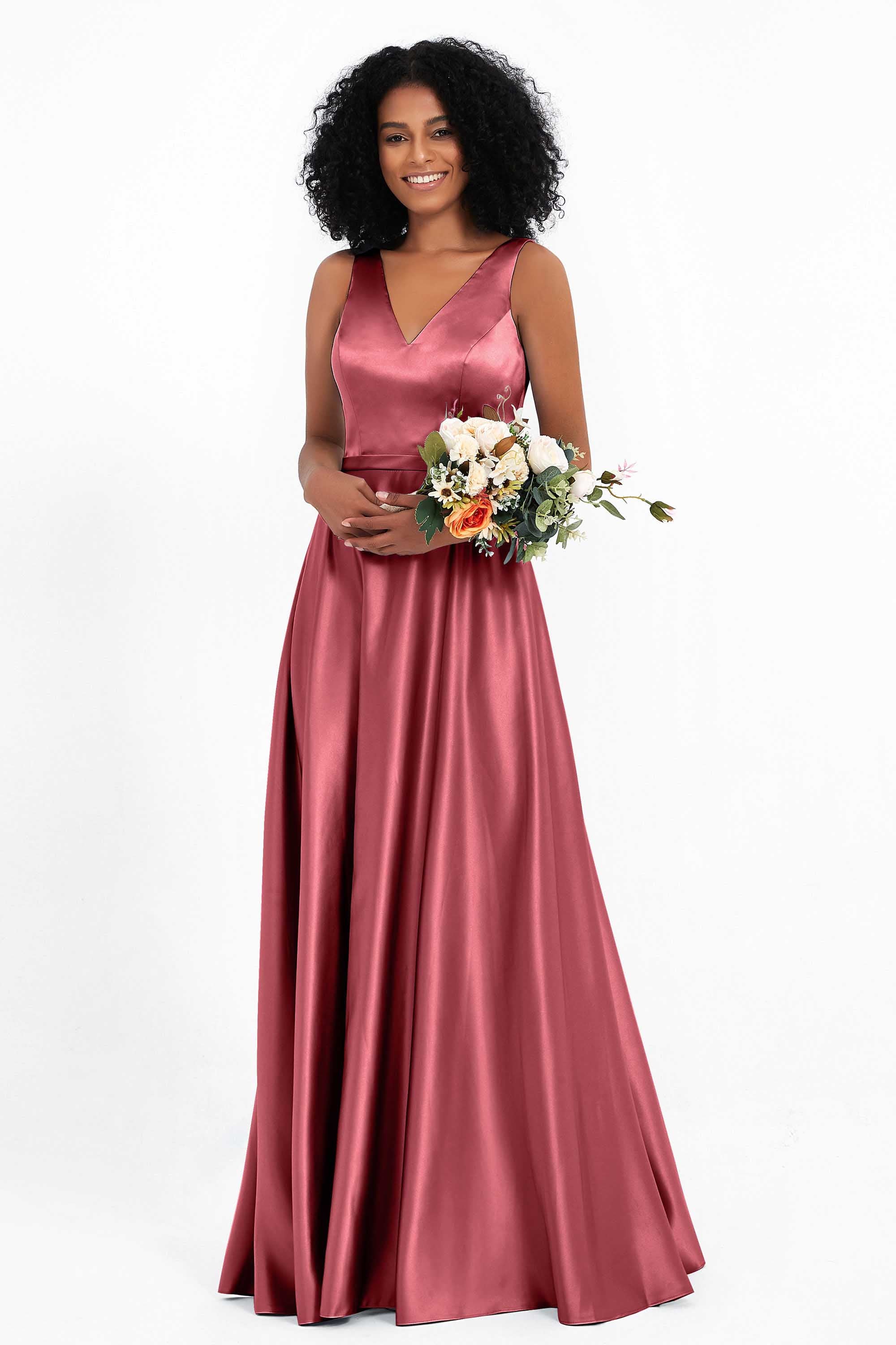 A Line Satin V Neckline Bridesmaid Dress Ruched Formal Evening Prom Dresses Gowns