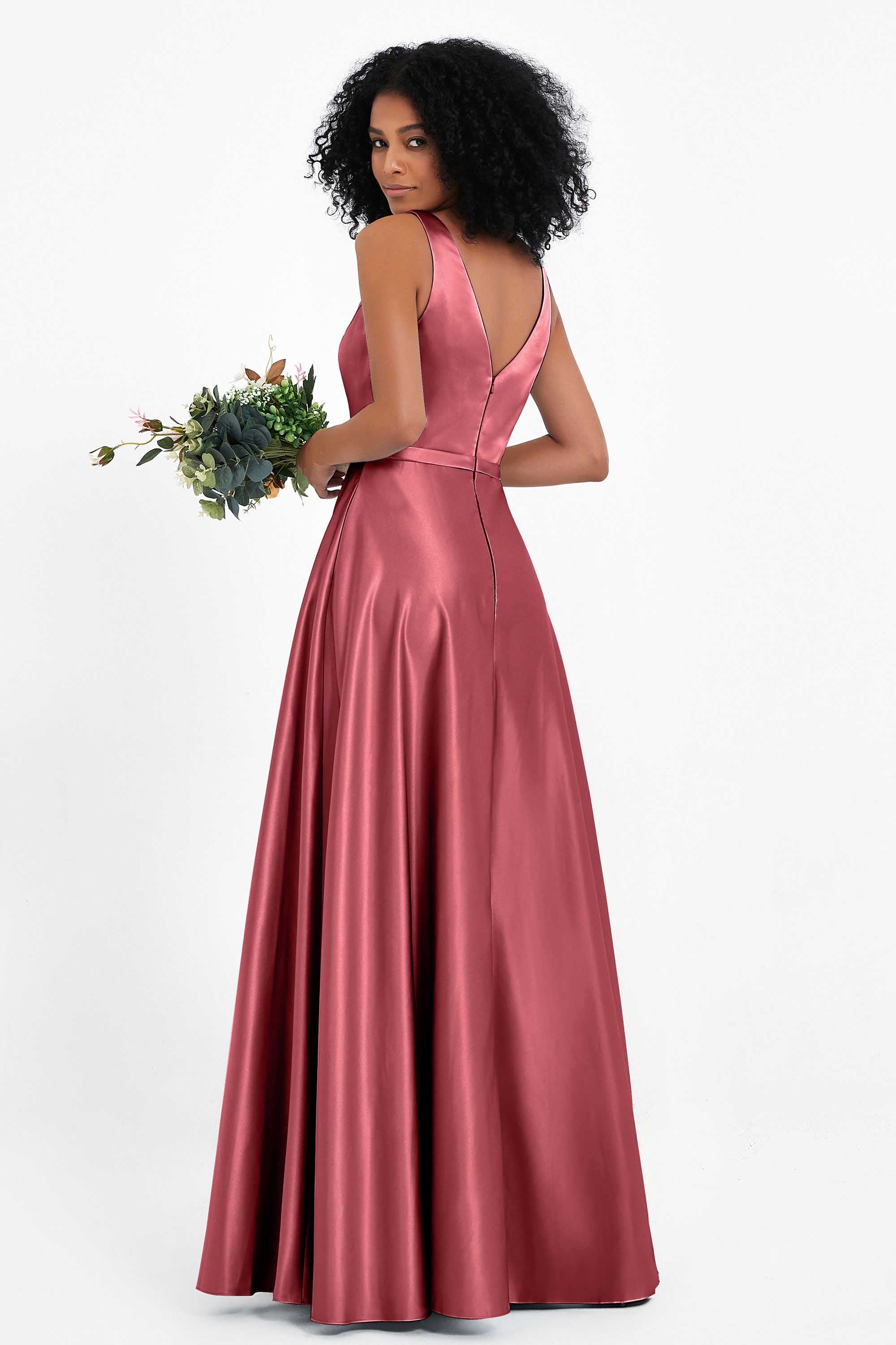 A Line Satin V Neckline Bridesmaid Dress Ruched Formal Evening Prom Dresses Gowns
