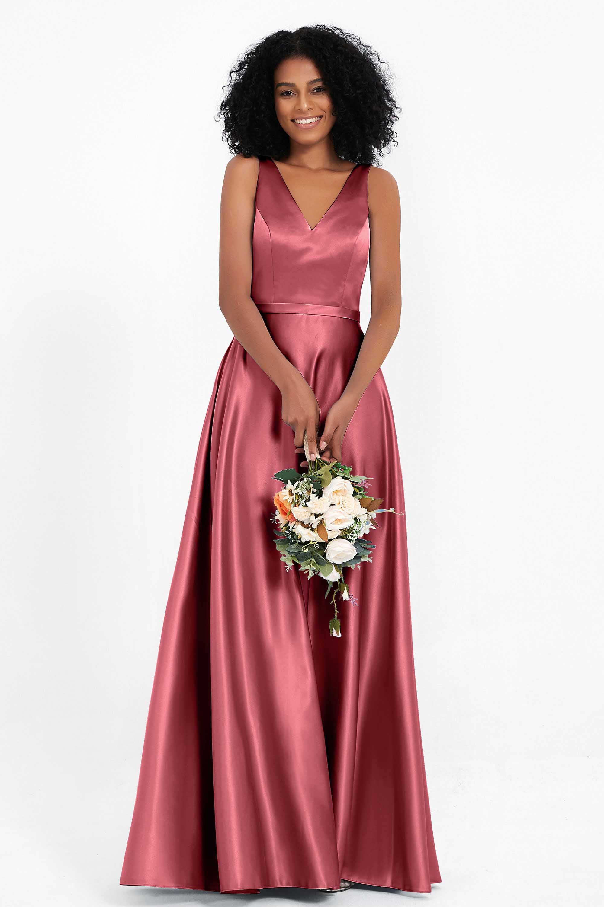 A Line Satin V Neckline Bridesmaid Dress Ruched Formal Evening Prom Dresses Gowns