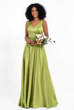 A Line Satin V Neckline Bridesmaid Dress Ruched Formal Evening Prom Dresses Gowns