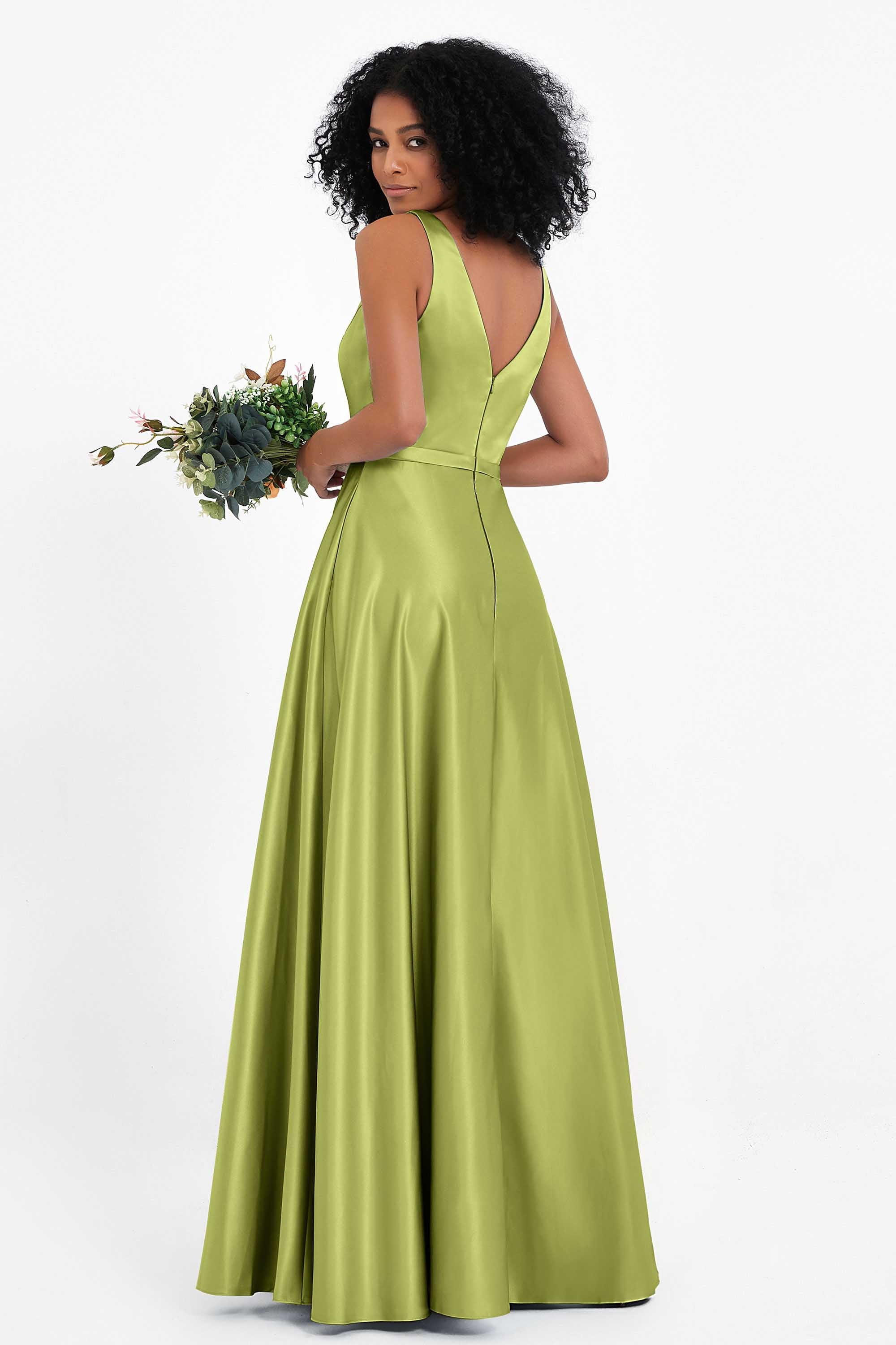 A Line Satin V Neckline Bridesmaid Dress Ruched Formal Evening Prom Dresses Gowns