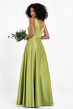 A Line Satin V Neckline Bridesmaid Dress Ruched Formal Evening Prom Dresses Gowns