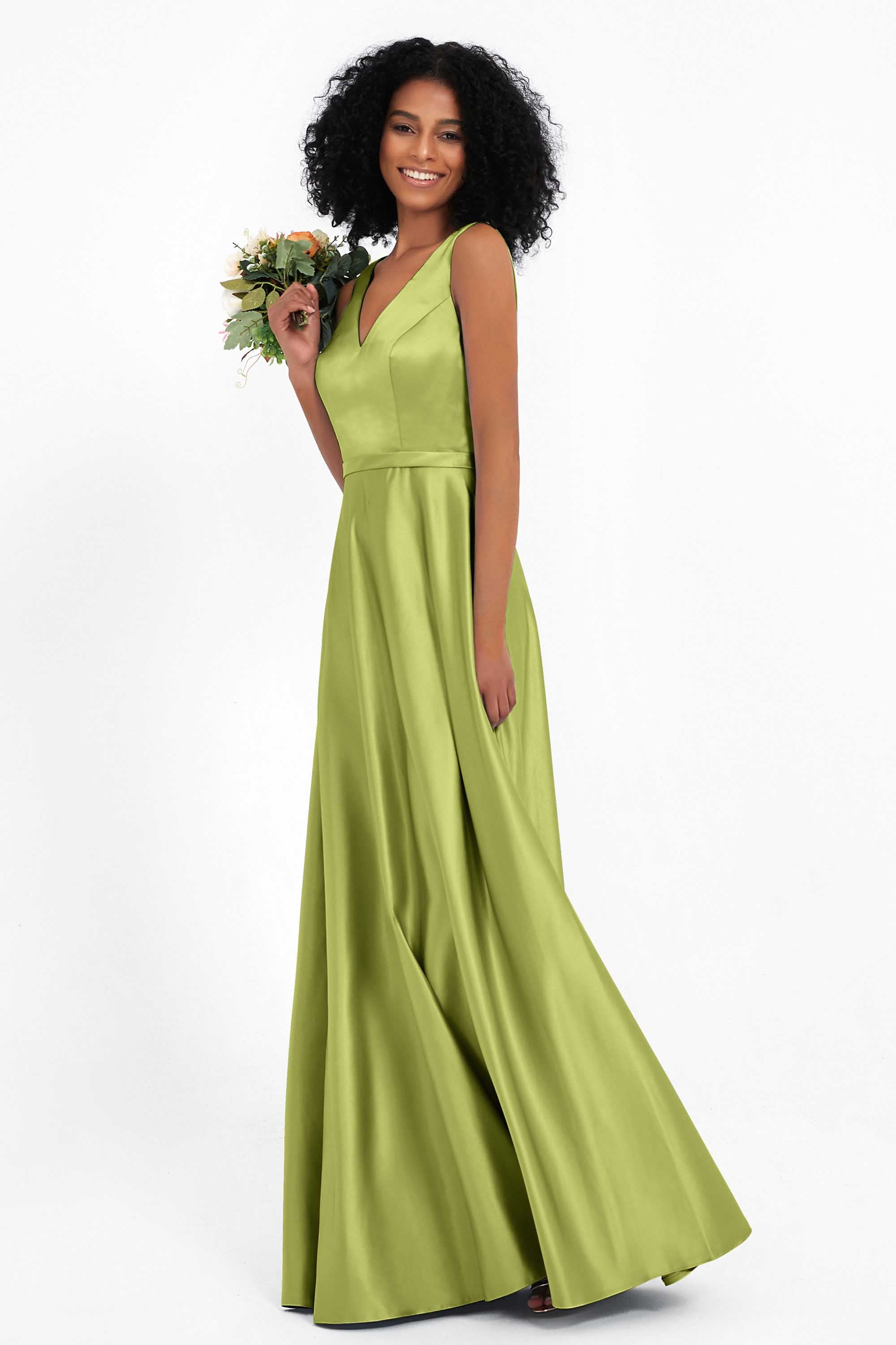 A Line Satin V Neckline Bridesmaid Dress Ruched Formal Evening Prom Dresses Gowns