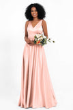 A Line Satin V Neckline Bridesmaid Dress Ruched Formal Evening Prom Dresses Gowns